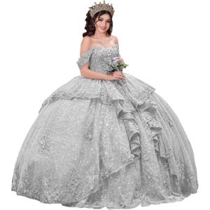 imageYoujiayi 3D Floral Quinceanera Dresses with Bow Sparkly Beaded Sequin Ball Gown Ruffles Off Shoulder Lace Sweet 16 DressesSilver