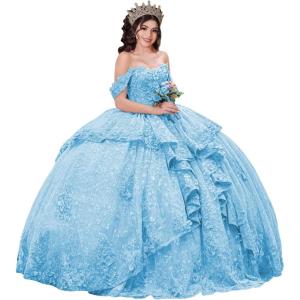 imageYoujiayi 3D Floral Quinceanera Dresses with Bow Sparkly Beaded Sequin Ball Gown Ruffles Off Shoulder Lace Sweet 16 DressesSky Blue