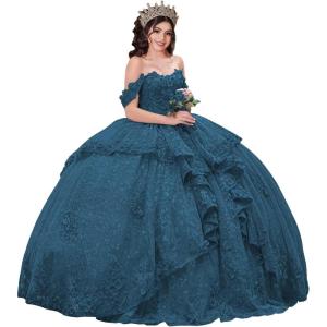 imageYoujiayi 3D Floral Quinceanera Dresses with Bow Sparkly Beaded Sequin Ball Gown Ruffles Off Shoulder Lace Sweet 16 DressesTeal