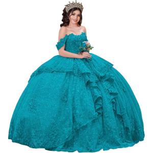 imageYoujiayi 3D Floral Quinceanera Dresses with Bow Sparkly Beaded Sequin Ball Gown Ruffles Off Shoulder Lace Sweet 16 DressesTurquoise
