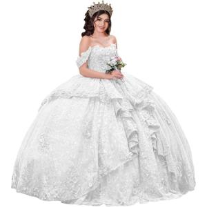 imageYoujiayi 3D Floral Quinceanera Dresses with Bow Sparkly Beaded Sequin Ball Gown Ruffles Off Shoulder Lace Sweet 16 DressesWhite