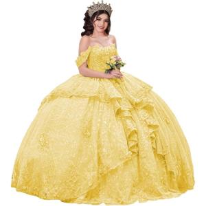 imageYoujiayi 3D Floral Quinceanera Dresses with Bow Sparkly Beaded Sequin Ball Gown Ruffles Off Shoulder Lace Sweet 16 DressesYellow