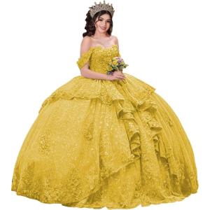 imageYoujiayi 3D Floral Quinceanera Dresses with Bow Sparkly Beaded Sequin Ball Gown Ruffles Off Shoulder Lace Sweet 16 DressesYellow Dark
