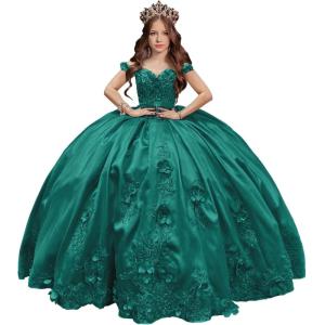 imageYoujiayi 3D Floral Satin Quinceanera Dresses withTrain Off Shoulder Beaded Ball Gown Princess Lace Appliques Sweet 16 DressesAqua