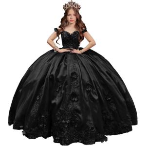 imageYoujiayi 3D Floral Satin Quinceanera Dresses withTrain Off Shoulder Beaded Ball Gown Princess Lace Appliques Sweet 16 DressesBlack
