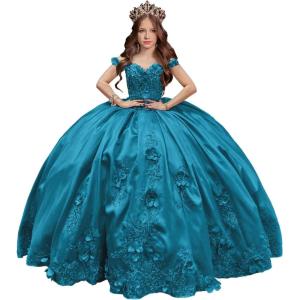 imageYoujiayi 3D Floral Satin Quinceanera Dresses withTrain Off Shoulder Beaded Ball Gown Princess Lace Appliques Sweet 16 DressesBlue