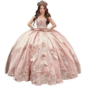 imageYoujiayi 3D Floral Satin Quinceanera Dresses withTrain Off Shoulder Beaded Ball Gown Princess Lace Appliques Sweet 16 DressesBlush Pink