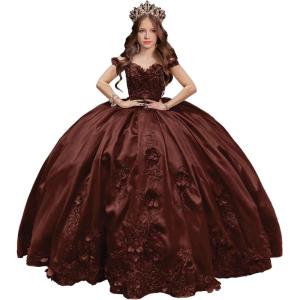 imageYoujiayi 3D Floral Satin Quinceanera Dresses withTrain Off Shoulder Beaded Ball Gown Princess Lace Appliques Sweet 16 DressesBrown
