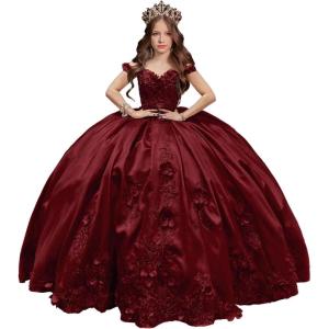imageYoujiayi 3D Floral Satin Quinceanera Dresses withTrain Off Shoulder Beaded Ball Gown Princess Lace Appliques Sweet 16 DressesBurgundy