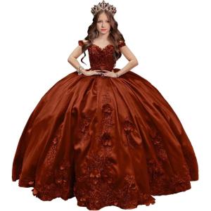 imageYoujiayi 3D Floral Satin Quinceanera Dresses withTrain Off Shoulder Beaded Ball Gown Princess Lace Appliques Sweet 16 DressesBurnt Orange