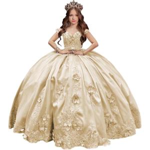 imageYoujiayi 3D Floral Satin Quinceanera Dresses withTrain Off Shoulder Beaded Ball Gown Princess Lace Appliques Sweet 16 DressesChampagne