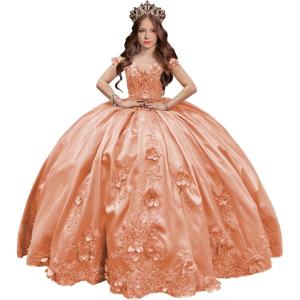 imageYoujiayi 3D Floral Satin Quinceanera Dresses withTrain Off Shoulder Beaded Ball Gown Princess Lace Appliques Sweet 16 DressesCoral