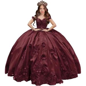 imageYoujiayi 3D Floral Satin Quinceanera Dresses withTrain Off Shoulder Beaded Ball Gown Princess Lace Appliques Sweet 16 DressesDeep Burgundy