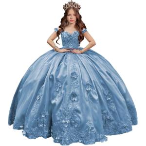 imageYoujiayi 3D Floral Satin Quinceanera Dresses withTrain Off Shoulder Beaded Ball Gown Princess Lace Appliques Sweet 16 DressesDusty Blue