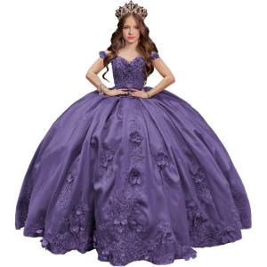 imageYoujiayi 3D Floral Satin Quinceanera Dresses withTrain Off Shoulder Beaded Ball Gown Princess Lace Appliques Sweet 16 DressesDusty Purple