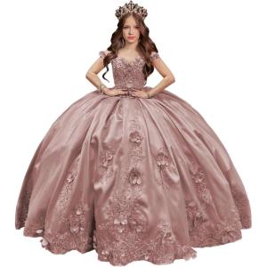 imageYoujiayi 3D Floral Satin Quinceanera Dresses withTrain Off Shoulder Beaded Ball Gown Princess Lace Appliques Sweet 16 DressesDusty Rose