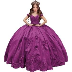 imageYoujiayi 3D Floral Satin Quinceanera Dresses withTrain Off Shoulder Beaded Ball Gown Princess Lace Appliques Sweet 16 DressesFuchsia