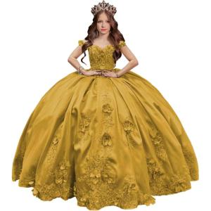 imageYoujiayi 3D Floral Satin Quinceanera Dresses withTrain Off Shoulder Beaded Ball Gown Princess Lace Appliques Sweet 16 DressesGold