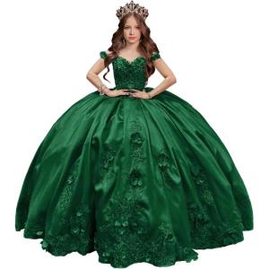 imageYoujiayi 3D Floral Satin Quinceanera Dresses withTrain Off Shoulder Beaded Ball Gown Princess Lace Appliques Sweet 16 DressesGreen