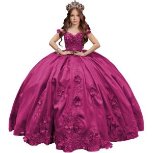 imageYoujiayi 3D Floral Satin Quinceanera Dresses withTrain Off Shoulder Beaded Ball Gown Princess Lace Appliques Sweet 16 DressesHot Pink