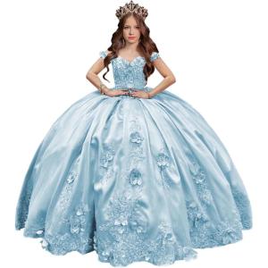 imageYoujiayi 3D Floral Satin Quinceanera Dresses withTrain Off Shoulder Beaded Ball Gown Princess Lace Appliques Sweet 16 DressesLight Blue