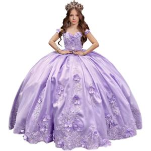 imageYoujiayi 3D Floral Satin Quinceanera Dresses withTrain Off Shoulder Beaded Ball Gown Princess Lace Appliques Sweet 16 DressesLilac