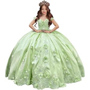 imageYoujiayi 3D Floral Satin Quinceanera Dresses withTrain Off Shoulder Beaded Ball Gown Princess Lace Appliques Sweet 16 DressesMint