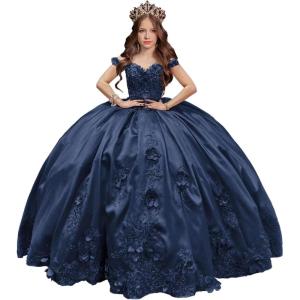 imageYoujiayi 3D Floral Satin Quinceanera Dresses withTrain Off Shoulder Beaded Ball Gown Princess Lace Appliques Sweet 16 DressesNavy