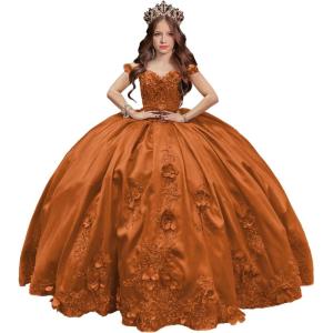 imageYoujiayi 3D Floral Satin Quinceanera Dresses withTrain Off Shoulder Beaded Ball Gown Princess Lace Appliques Sweet 16 DressesOrange
