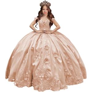 imageYoujiayi 3D Floral Satin Quinceanera Dresses withTrain Off Shoulder Beaded Ball Gown Princess Lace Appliques Sweet 16 DressesPeach