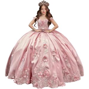 imageYoujiayi 3D Floral Satin Quinceanera Dresses withTrain Off Shoulder Beaded Ball Gown Princess Lace Appliques Sweet 16 DressesPink