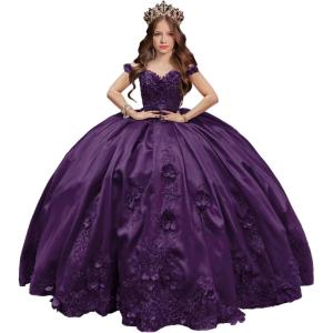 imageYoujiayi 3D Floral Satin Quinceanera Dresses withTrain Off Shoulder Beaded Ball Gown Princess Lace Appliques Sweet 16 DressesPlum