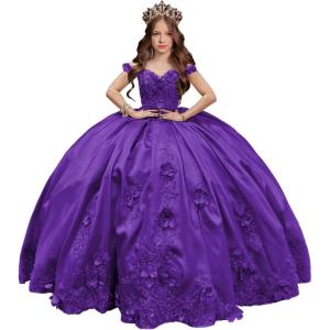 imageYoujiayi 3D Floral Satin Quinceanera Dresses withTrain Off Shoulder Beaded Ball Gown Princess Lace Appliques Sweet 16 DressesPurple