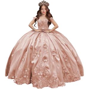 imageYoujiayi 3D Floral Satin Quinceanera Dresses withTrain Off Shoulder Beaded Ball Gown Princess Lace Appliques Sweet 16 DressesRose Gold