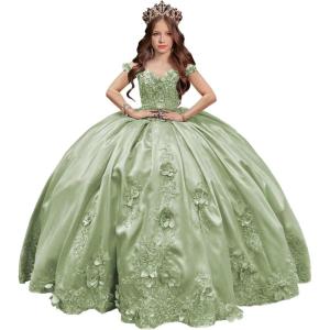 imageYoujiayi 3D Floral Satin Quinceanera Dresses withTrain Off Shoulder Beaded Ball Gown Princess Lace Appliques Sweet 16 DressesSage