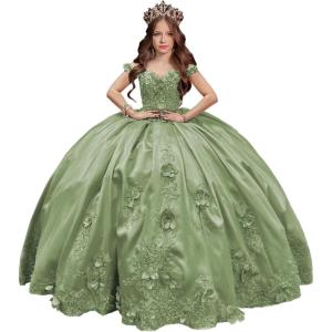 imageYoujiayi 3D Floral Satin Quinceanera Dresses withTrain Off Shoulder Beaded Ball Gown Princess Lace Appliques Sweet 16 DressesSage Green