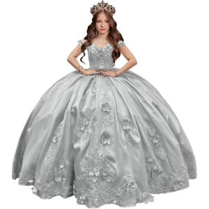 imageYoujiayi 3D Floral Satin Quinceanera Dresses withTrain Off Shoulder Beaded Ball Gown Princess Lace Appliques Sweet 16 DressesSilver