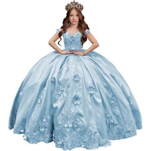 imageYoujiayi 3D Floral Satin Quinceanera Dresses withTrain Off Shoulder Beaded Ball Gown Princess Lace Appliques Sweet 16 DressesSky Blue