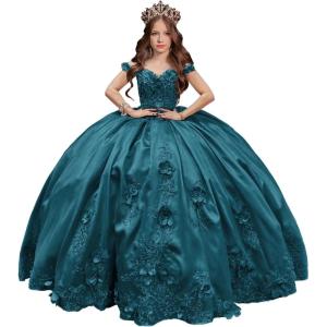 imageYoujiayi 3D Floral Satin Quinceanera Dresses withTrain Off Shoulder Beaded Ball Gown Princess Lace Appliques Sweet 16 DressesTeal