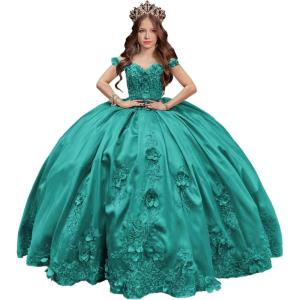 imageYoujiayi 3D Floral Satin Quinceanera Dresses withTrain Off Shoulder Beaded Ball Gown Princess Lace Appliques Sweet 16 DressesTurquoise