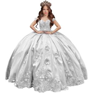 imageYoujiayi 3D Floral Satin Quinceanera Dresses withTrain Off Shoulder Beaded Ball Gown Princess Lace Appliques Sweet 16 DressesWhite