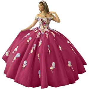 imageYoujiayi 3D Flowers Quinceanera Dresses Puffy Off Shoulder Sweet 16 Dress with Train Princess Lace Appliques Long Ball GownBerry