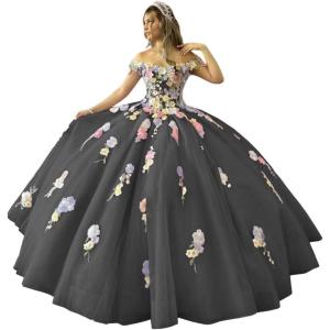 imageYoujiayi 3D Flowers Quinceanera Dresses Puffy Off Shoulder Sweet 16 Dress with Train Princess Lace Appliques Long Ball GownBlack