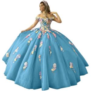 imageYoujiayi 3D Flowers Quinceanera Dresses Puffy Off Shoulder Sweet 16 Dress with Train Princess Lace Appliques Long Ball GownBlue