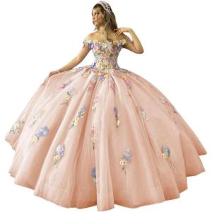 imageYoujiayi 3D Flowers Quinceanera Dresses Puffy Off Shoulder Sweet 16 Dress with Train Princess Lace Appliques Long Ball GownBlush Pink