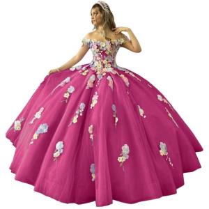 imageYoujiayi 3D Flowers Quinceanera Dresses Puffy Off Shoulder Sweet 16 Dress with Train Princess Lace Appliques Long Ball GownBright Pink