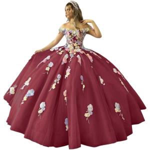 imageYoujiayi 3D Flowers Quinceanera Dresses Puffy Off Shoulder Sweet 16 Dress with Train Princess Lace Appliques Long Ball GownBurgundy