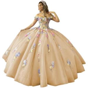 imageYoujiayi 3D Flowers Quinceanera Dresses Puffy Off Shoulder Sweet 16 Dress with Train Princess Lace Appliques Long Ball GownChampagne