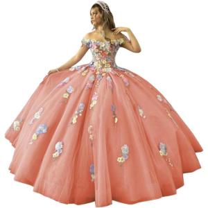 imageYoujiayi 3D Flowers Quinceanera Dresses Puffy Off Shoulder Sweet 16 Dress with Train Princess Lace Appliques Long Ball GownCoral