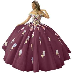 imageYoujiayi 3D Flowers Quinceanera Dresses Puffy Off Shoulder Sweet 16 Dress with Train Princess Lace Appliques Long Ball GownDeep Burgundy